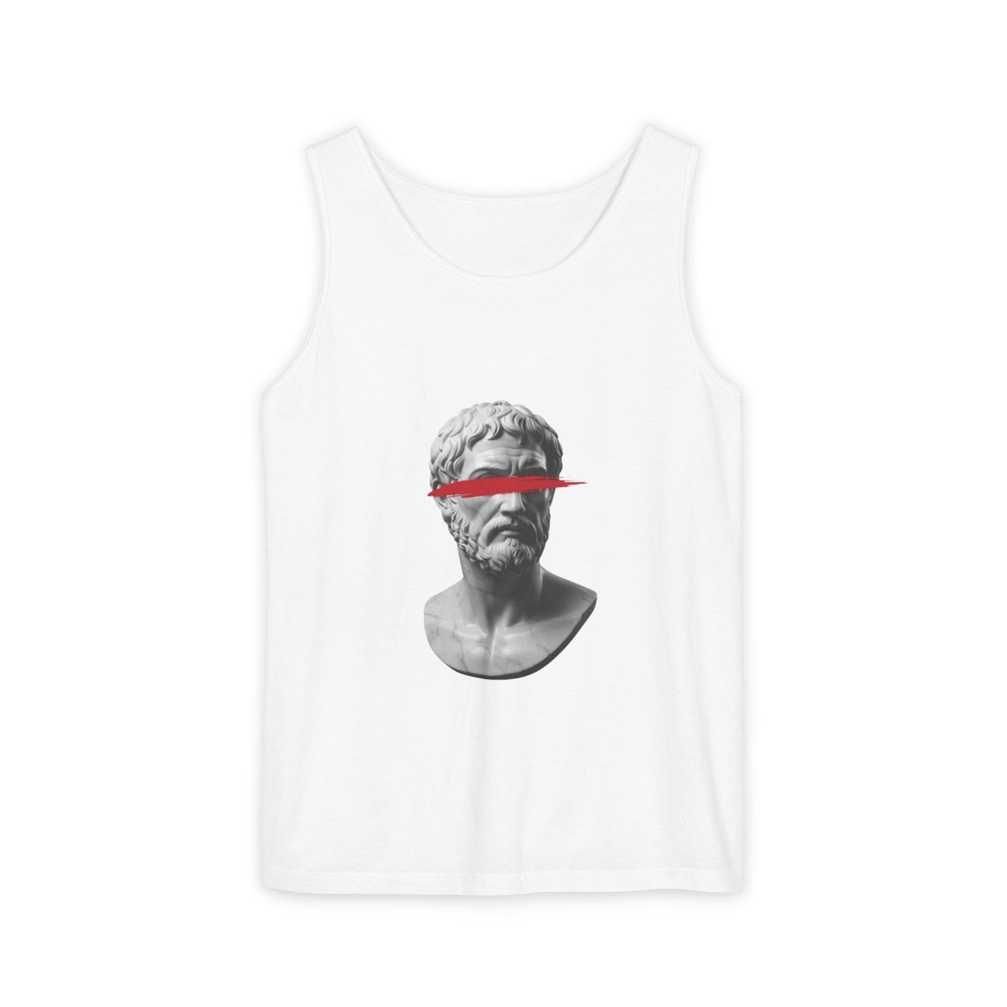 Vintage compass and map printed on the back of a garment-dyed heavyweight cotton tank top