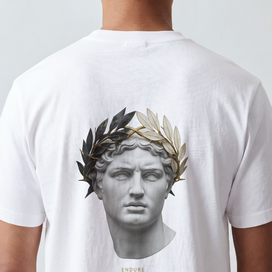 Classical marble bust crowned with laurel printed on the back of a garment-dyed heavyweight cotton tee