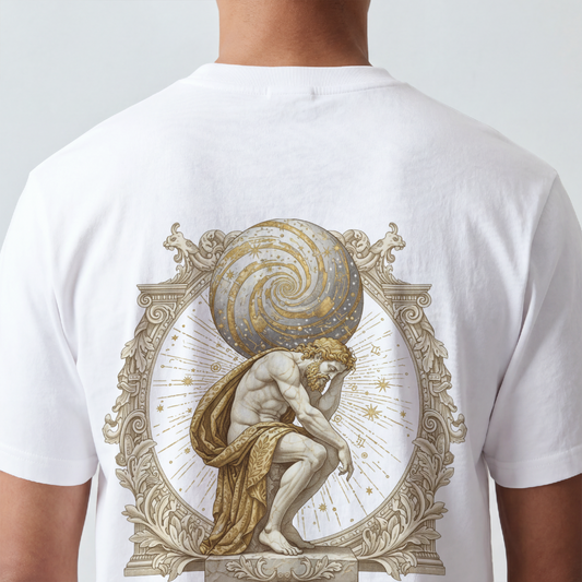 Atlas rendered in sepia with celestial scrollwork on the back of a garment-dyed heavyweight cotton tee