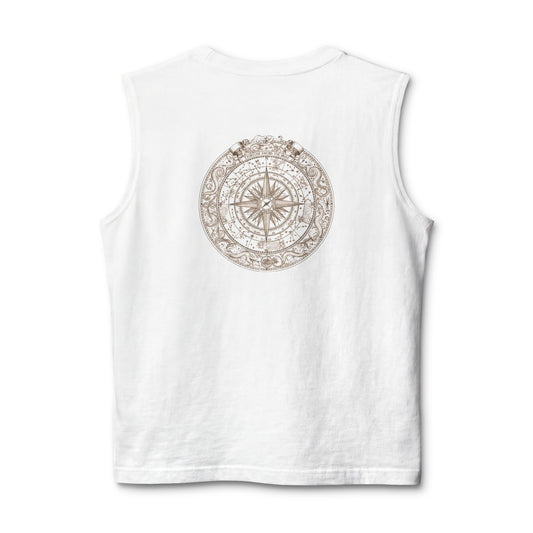 Nautical compass rose printed on the back of a ring-spun cotton muscle tank