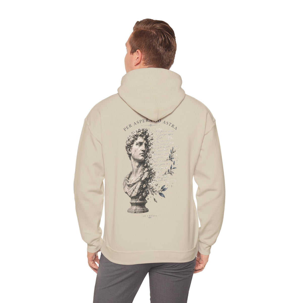 Classical bust with faded Per Aspera Ad Astra script printed on the back of a heavyweight cotton-blend hoodie