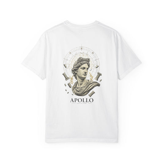 Sculpted Apollo bust with geometric stars on the back of a garment-dyed heavyweight cotton tee