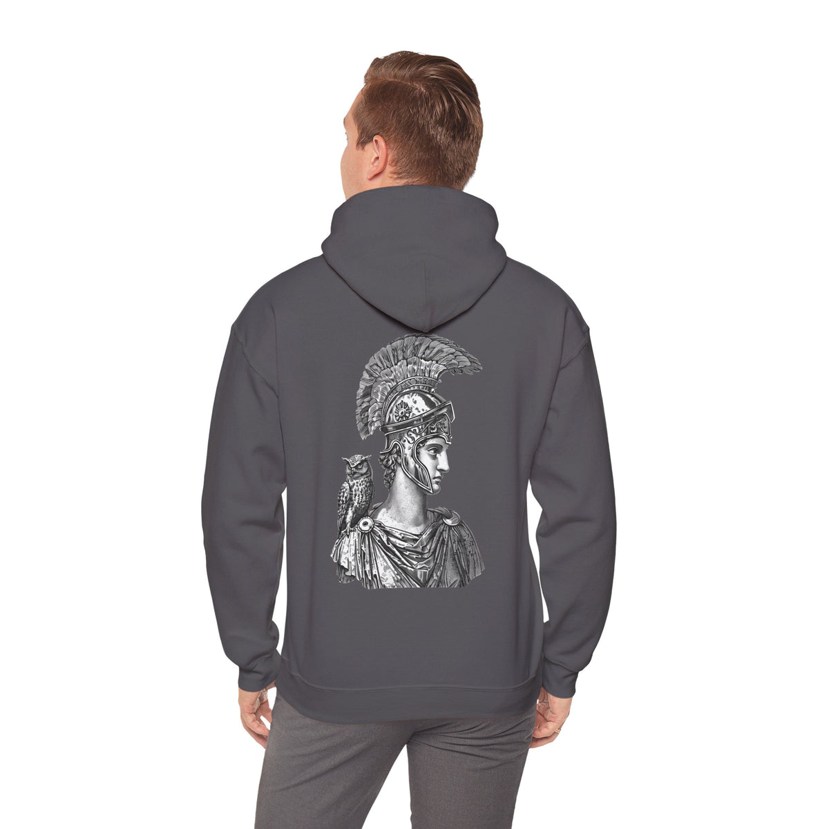 Athena Helmet Hoodie with Owl Illustration — Mythology Graphic Sweatshirt