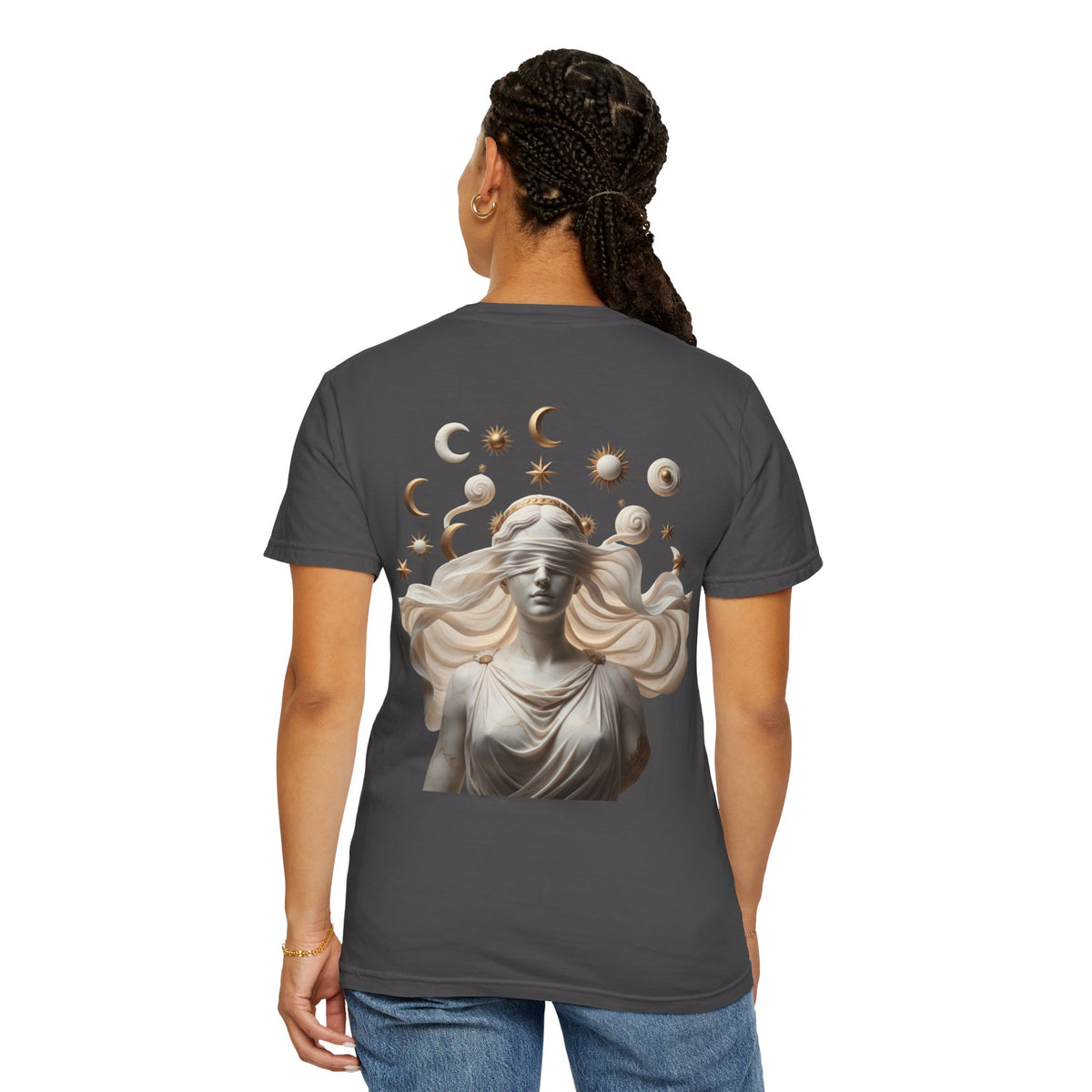 Moon Phases Tee — Blindfolded Goddess Celestial Back Print