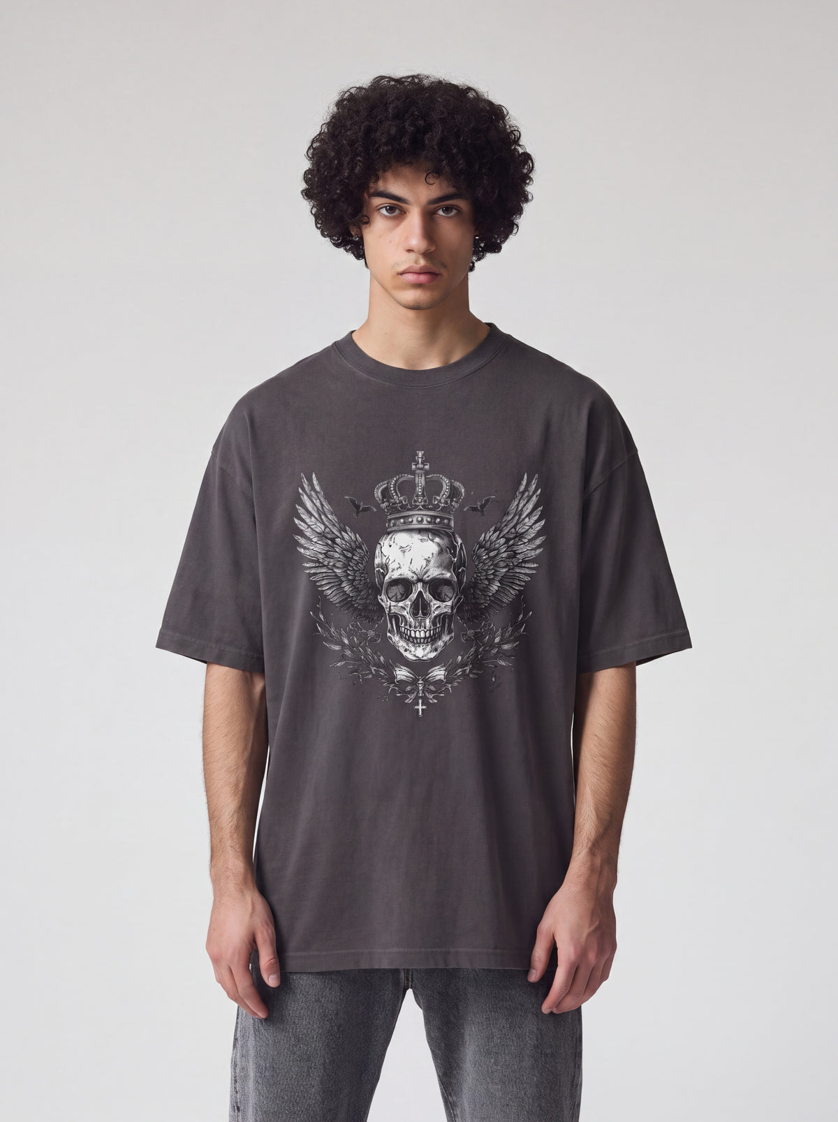Unisex Heavyweight 6.1 oz Cotton Boxy Fit T-Shirt featuring crowned winged skull Graphic - Editorial Dual Male Model Lookbook Front and Back View