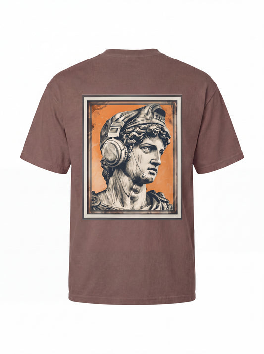 Classical Statue Head Graphic T-Shirt — Retro Orange Framed Art Tee