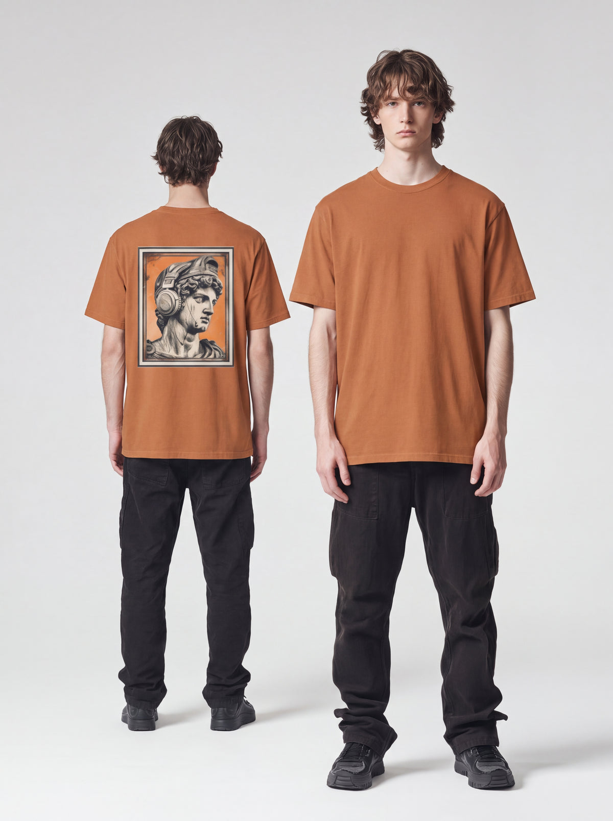 Classical Statue Head Graphic T-Shirt — Retro Orange Framed Art Tee