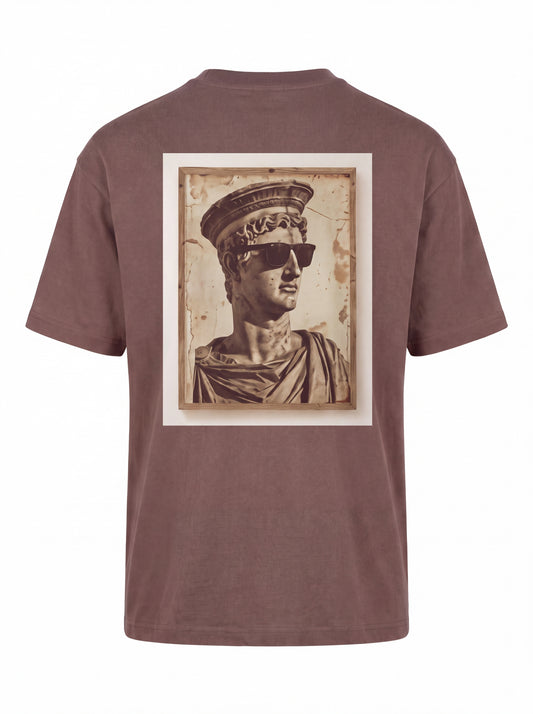 Unisex Heavyweight 6.1 oz Cotton Boxy Fit T-Shirt featuring roman bust sunglasses bucket hat Graphic - 3D Ghost Mannequin Back Print View