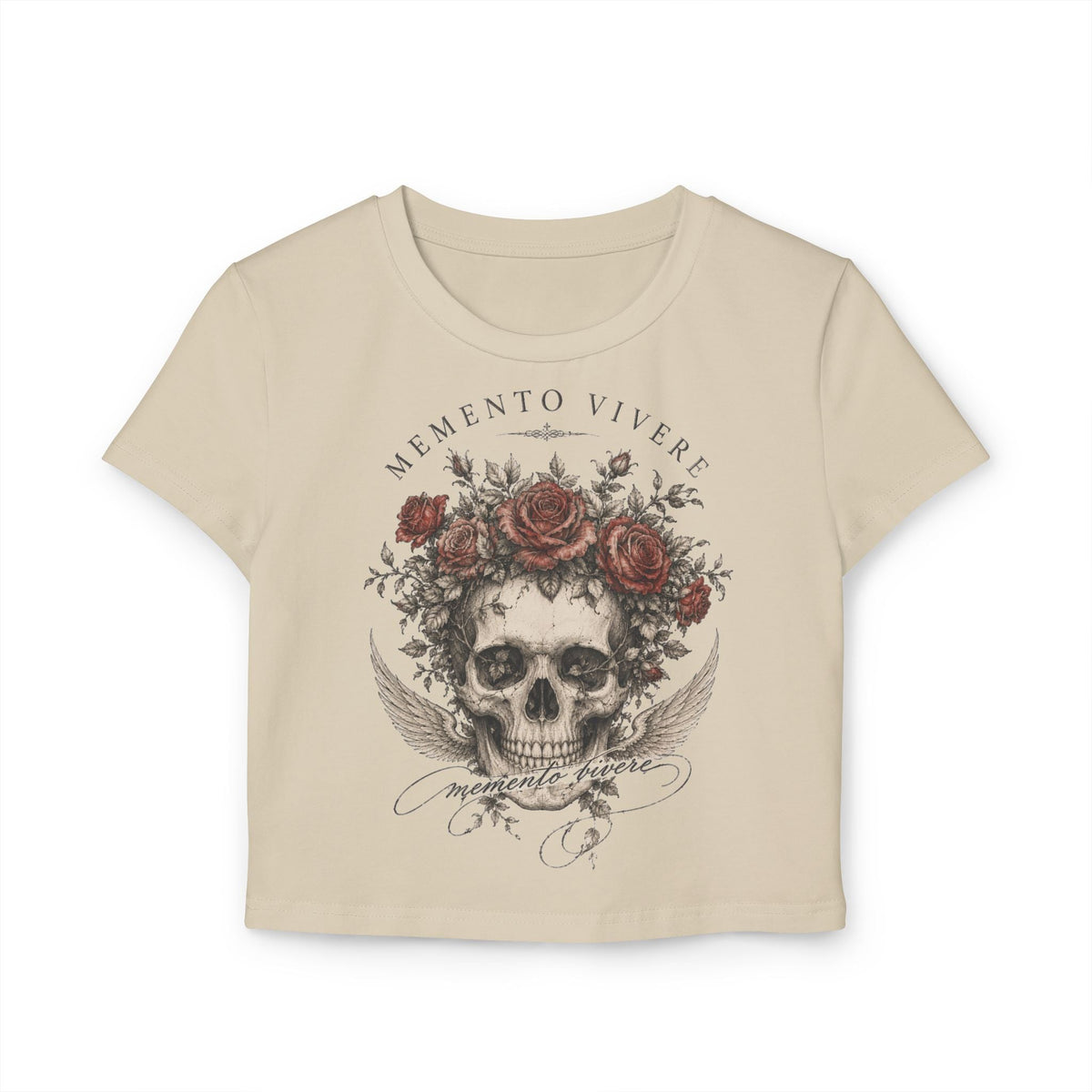 Distressed skull crowned with red roses on a cropped organic cotton baby tee