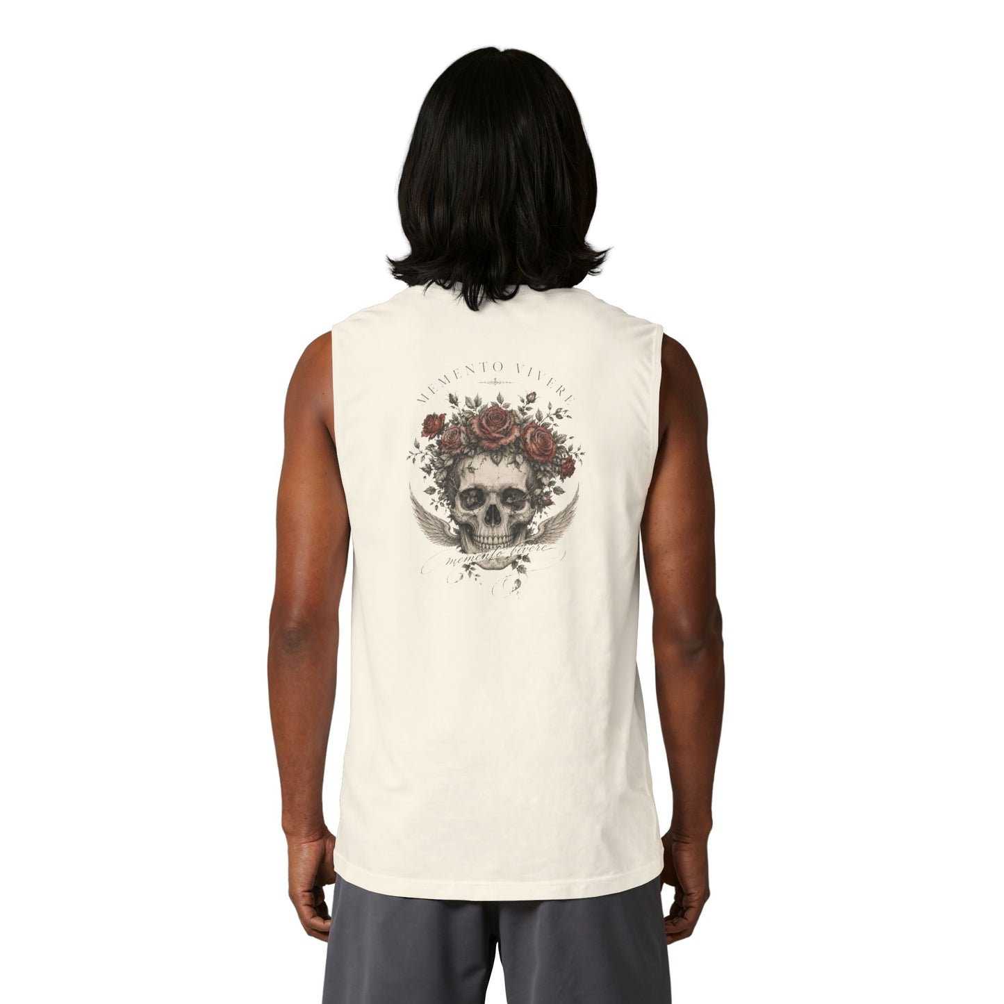 Distressed skull crowned with roses printed on the back of a ring-spun cotton tank top