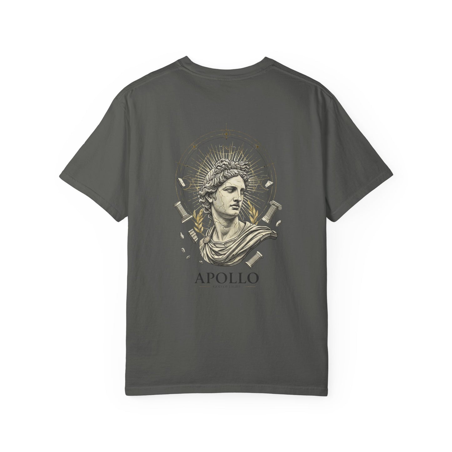 Sculpted Apollo bust with geometric stars on the back of a garment-dyed heavyweight cotton tee