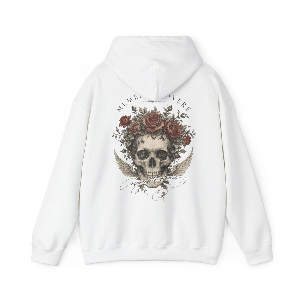 Skull crowned in roses with faded wings printed on the back of a heavyweight cotton-blend hoodie
