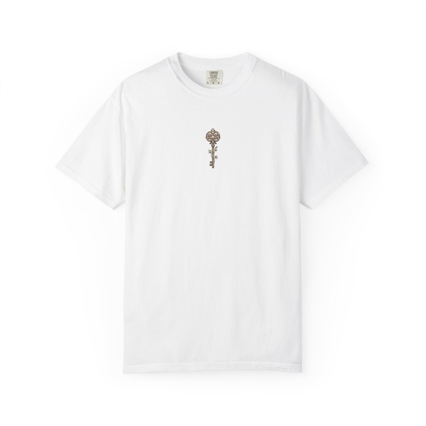 Weathered nautical compass rose printed on the back of a garment-dyed heavyweight cotton tee