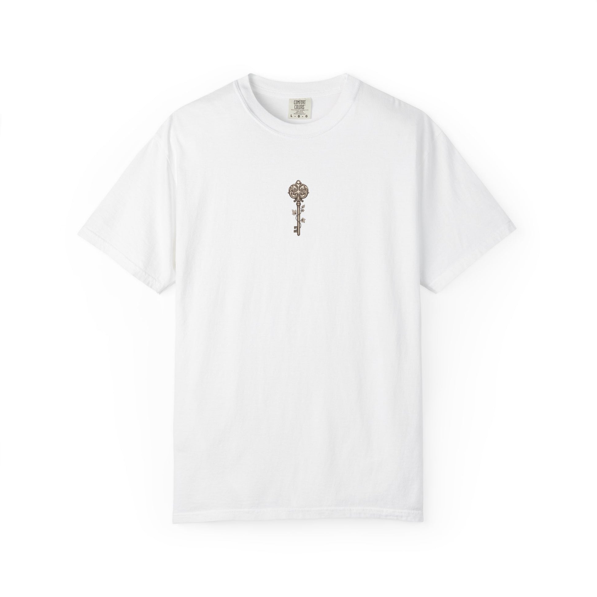 Weathered nautical compass rose printed on the back of a garment-dyed heavyweight cotton tee
