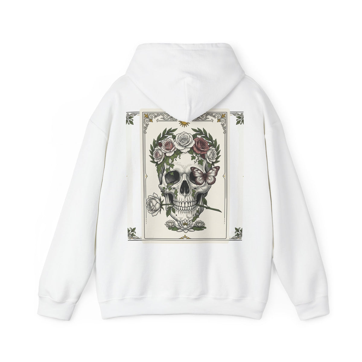 Floral skull framed by roses printed on the back of a heavyweight cotton-blend hoodie