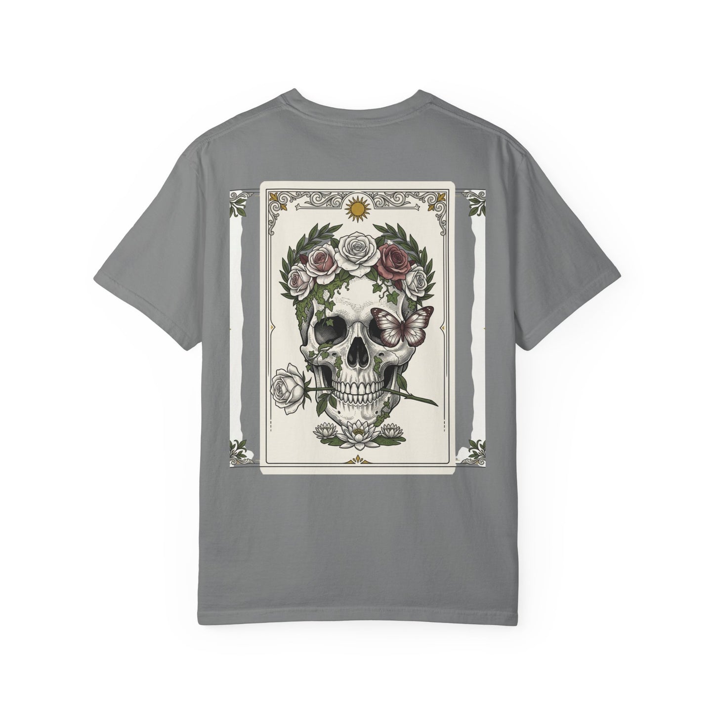 Skull crowned with roses printed on the back of a garment-dyed heavyweight cotton tee