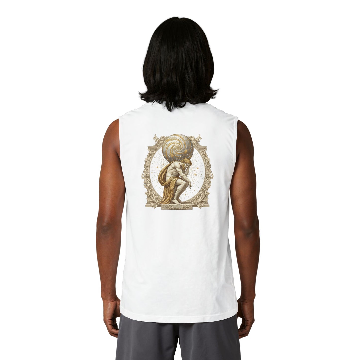 Classical figure with a spiralled shell printed on the back of a ring-spun cotton tank top