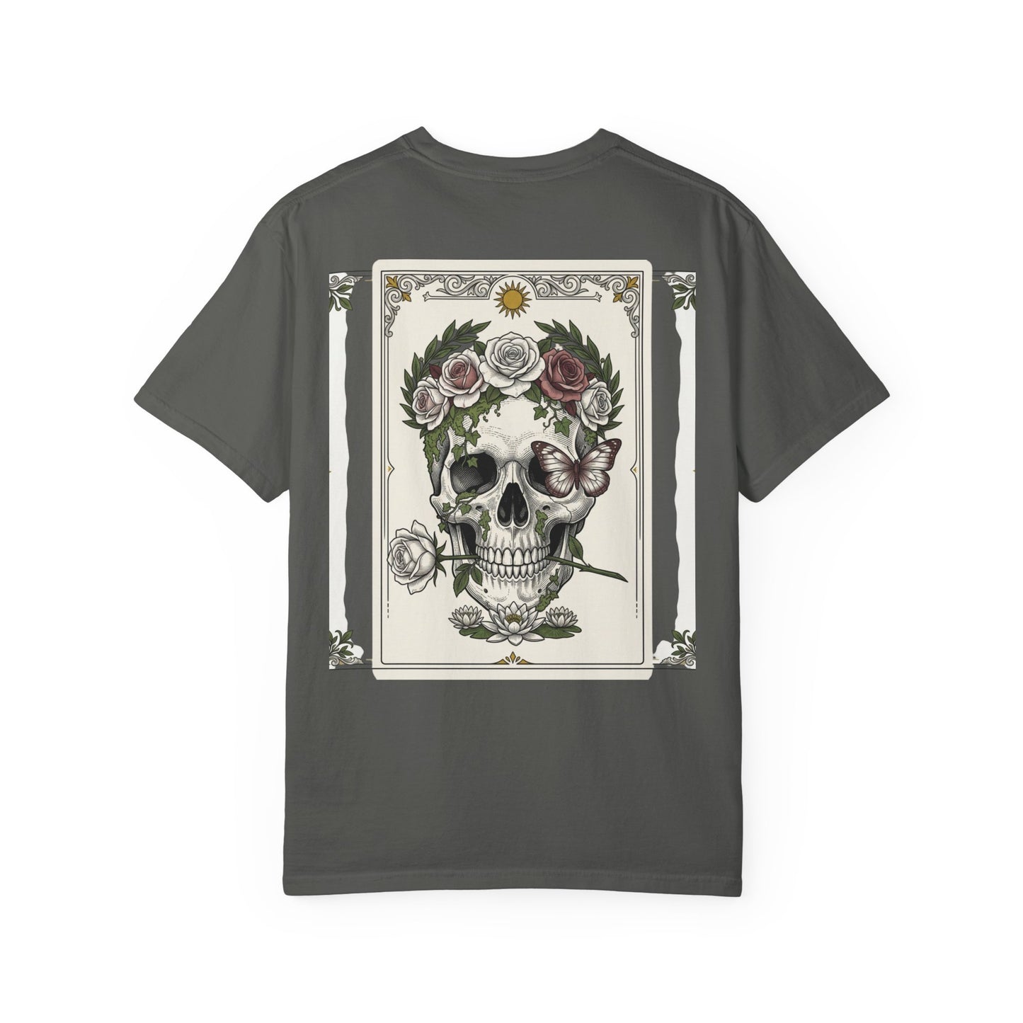 Skull crowned with roses printed on the back of a garment-dyed heavyweight cotton tee
