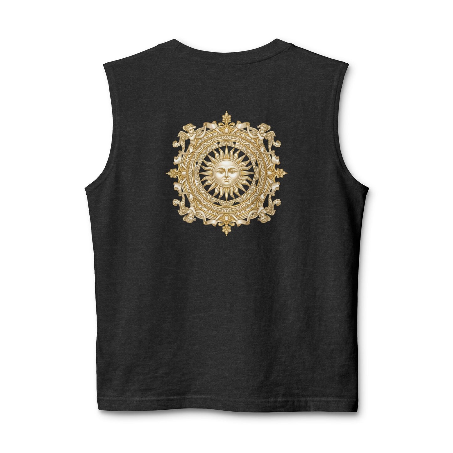 Gilded sun medallion printed on the back of a ring-spun cotton tank top