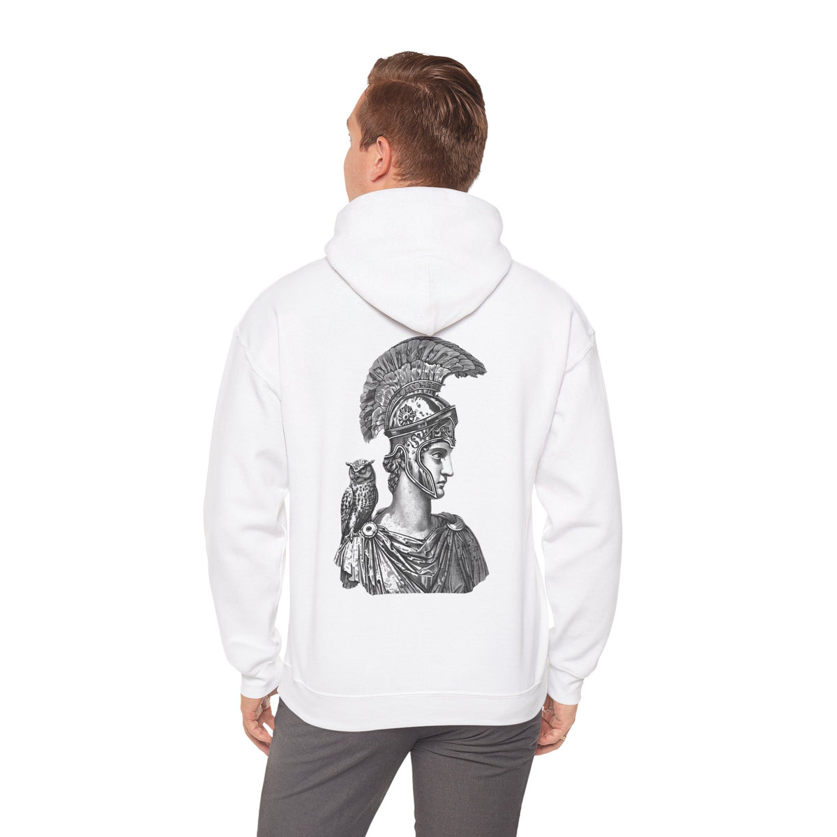 Athena Helmet Hoodie with Owl Illustration — Mythology Graphic Sweatshirt