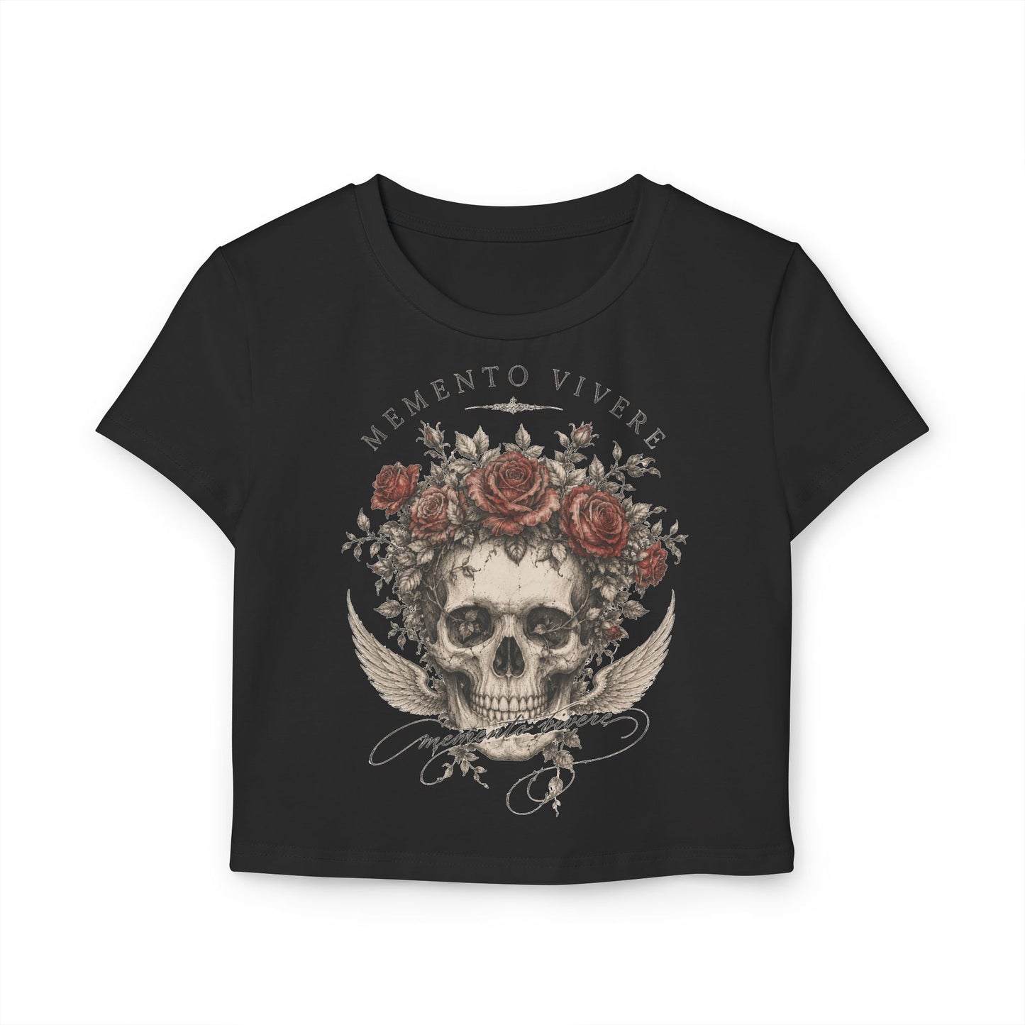 Distressed skull crowned with red roses on a cropped organic cotton baby tee