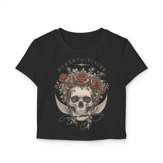 Distressed skull crowned with red roses on a cropped organic cotton baby tee