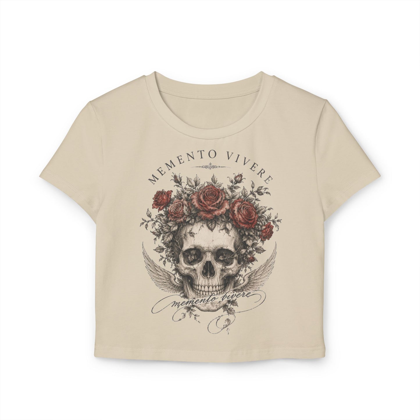Distressed skull crowned with red roses on a cropped organic cotton baby tee