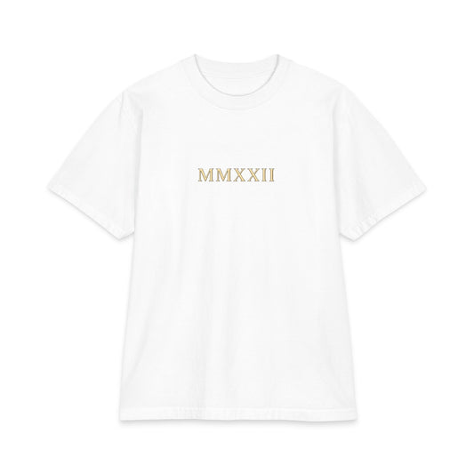 Classical figure bearing a globe printed on the back of a heavyweight oversized cotton tee