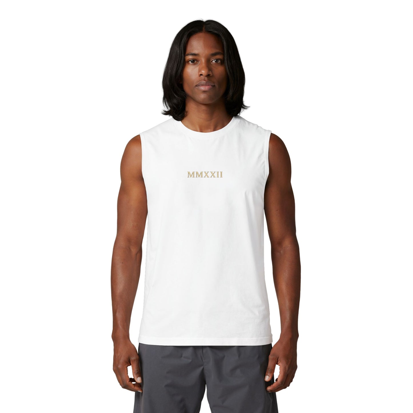 Classical figure with a spiralled shell printed on the back of a ring-spun cotton tank top