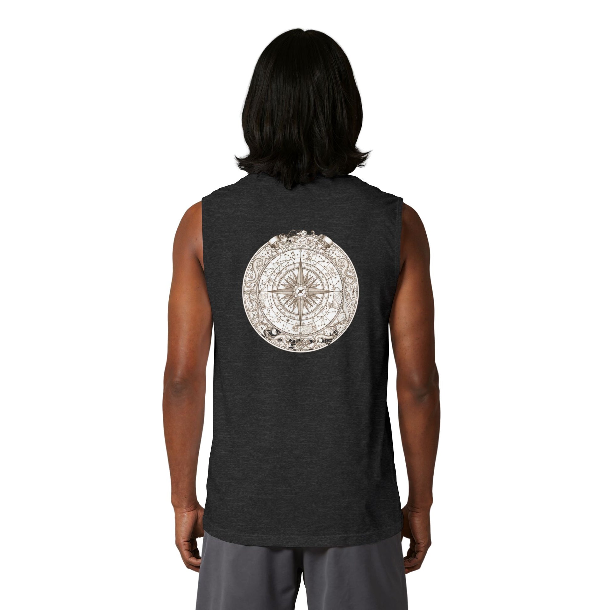 Nautical compass rose printed on the back of a ring-spun cotton muscle tank