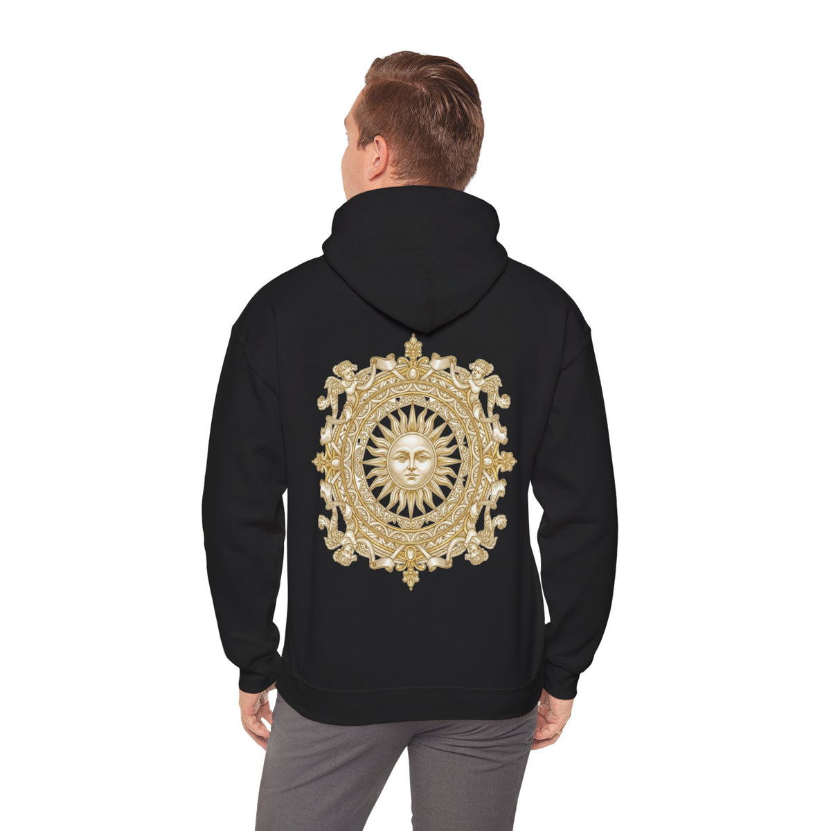 Antique-gold sun medallion printed on the back of a heavyweight cotton-blend hoodie