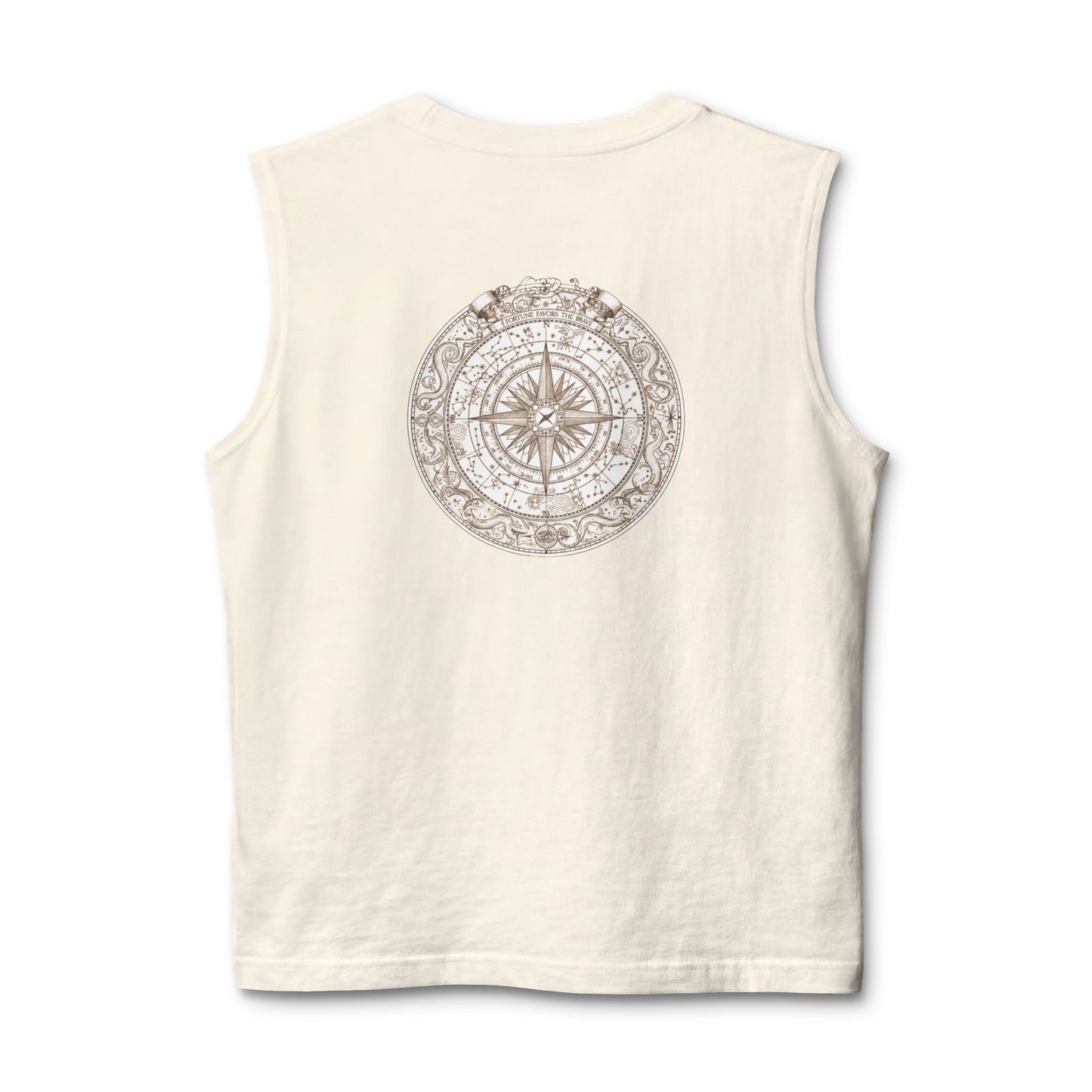 Nautical compass rose printed on the back of a ring-spun cotton muscle tank