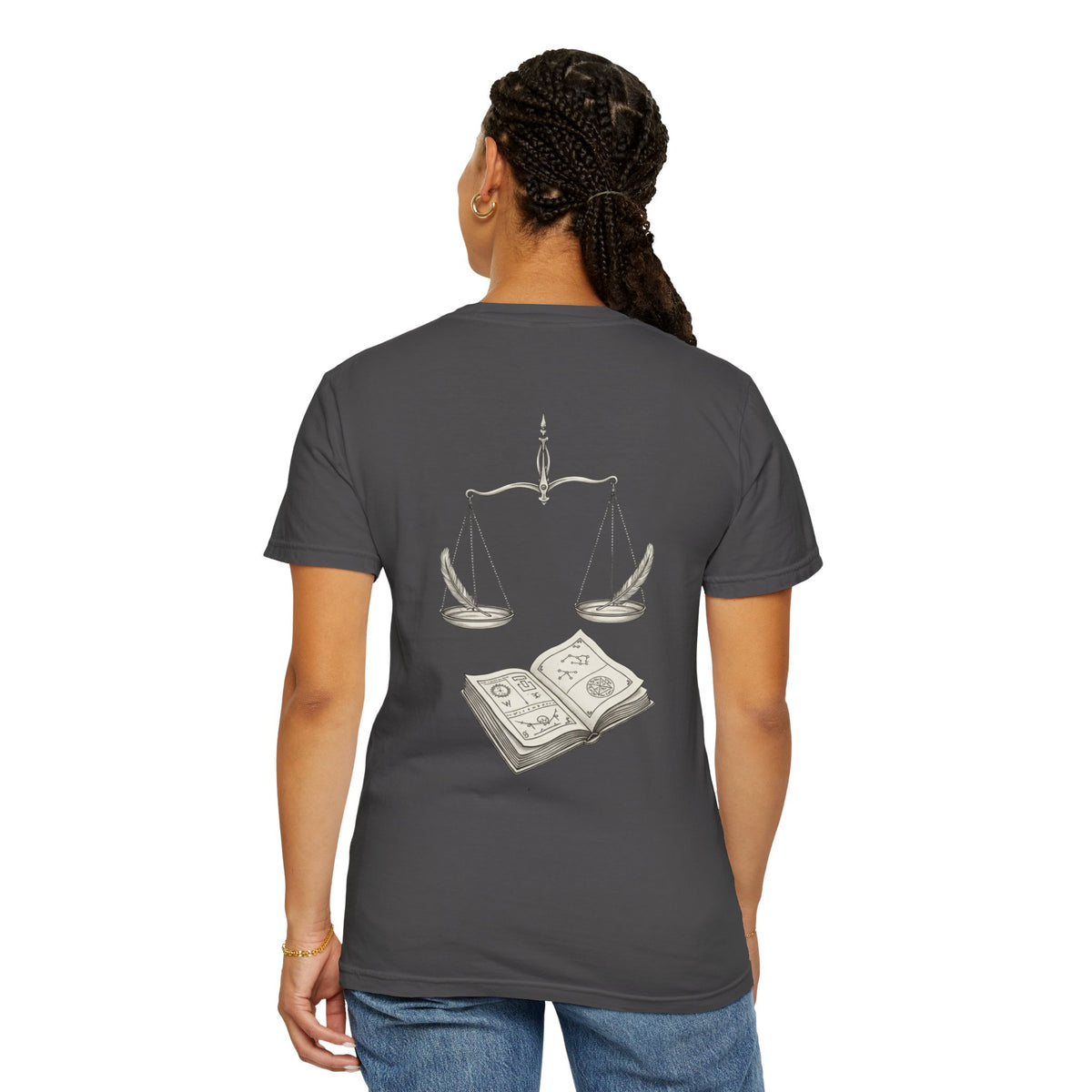 Libra Zodiac Tee — Scales and Book Astrology Graphic Shirt