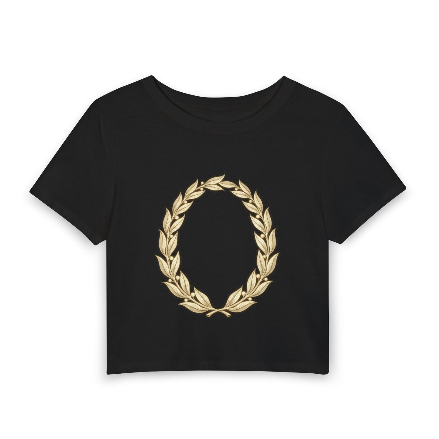 Gold laurel wreath emblem on a cropped women's cotton-blend tee