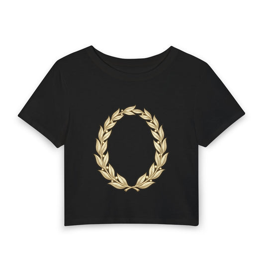 Gold laurel wreath emblem on a cropped women's cotton-blend tee