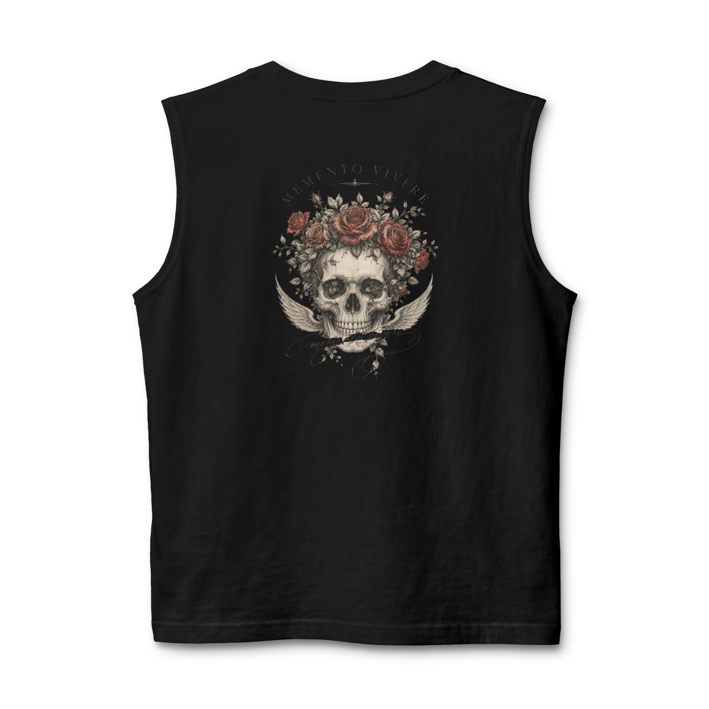 Distressed skull crowned with roses printed on the back of a ring-spun cotton tank top