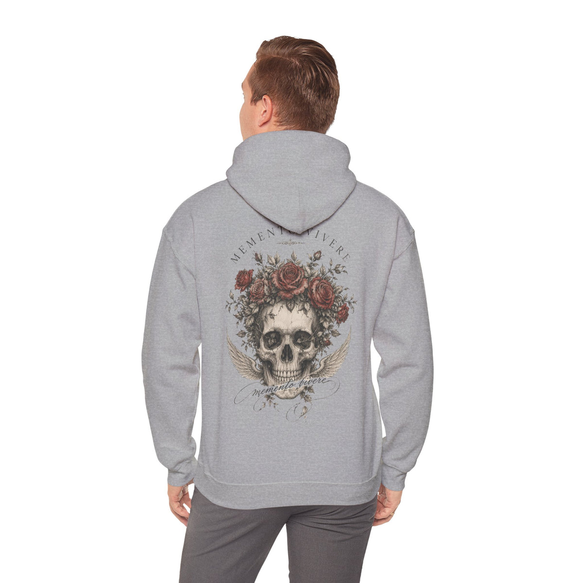 Skull crowned in roses with faded wings printed on the back of a heavyweight cotton-blend hoodie