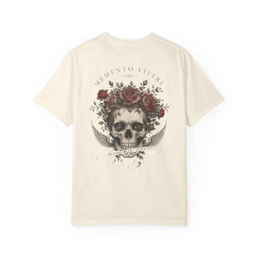 Skull crowned with roses and wings printed on the back of a vintage garment-dyed cotton tee