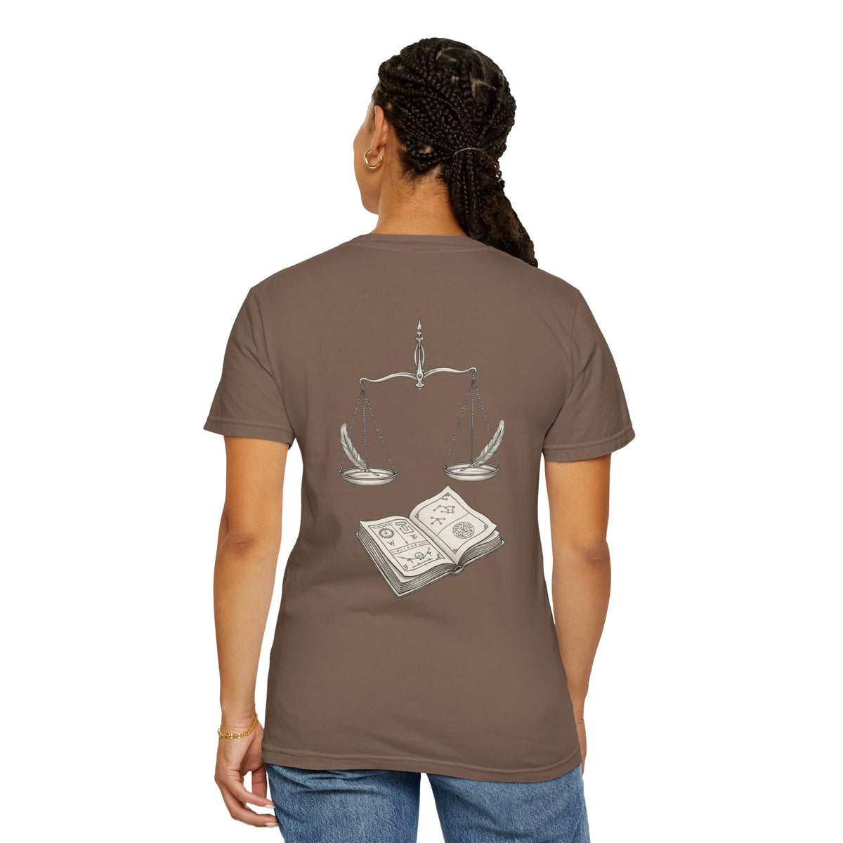 Libra Zodiac Tee — Scales and Book Astrology Graphic Shirt