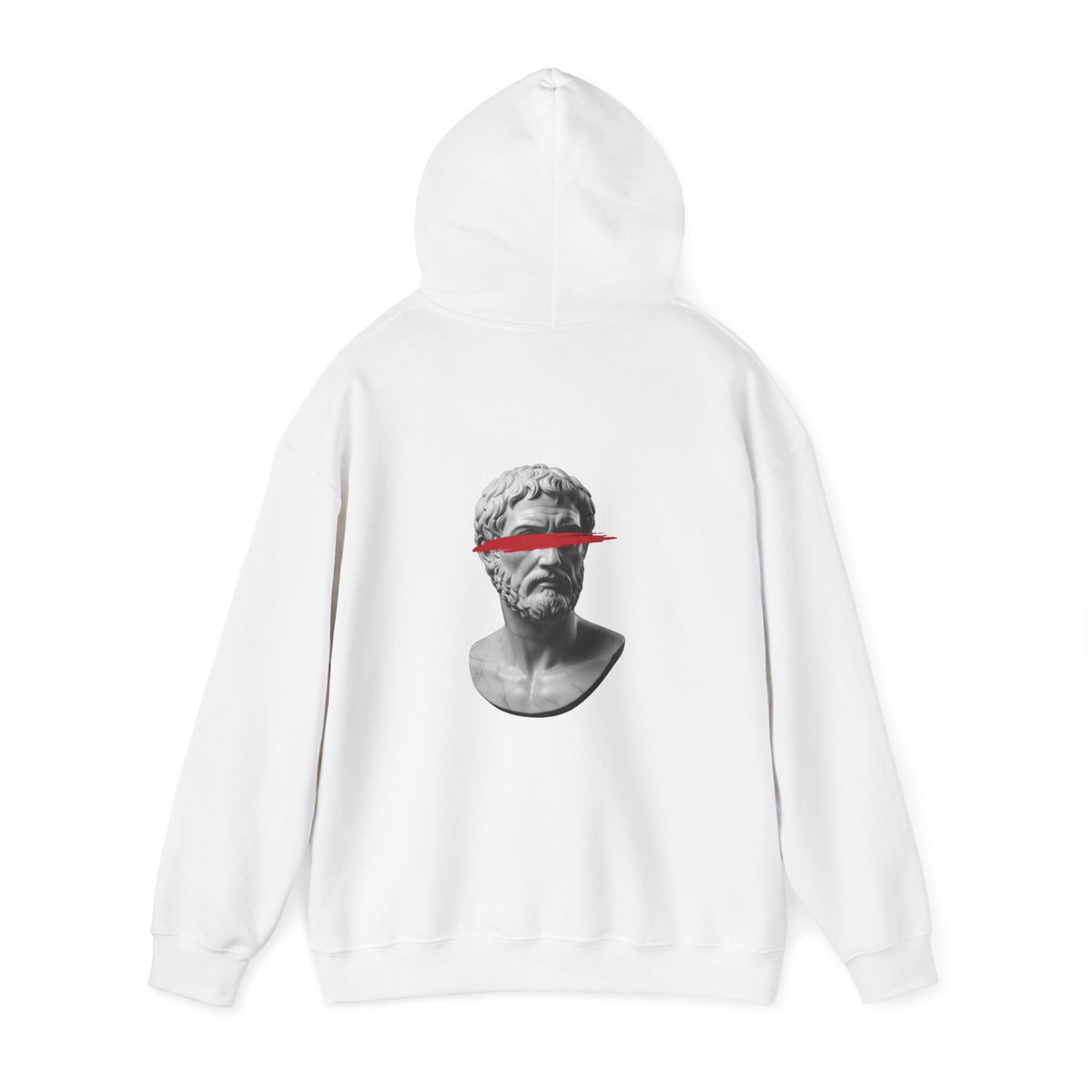 Classical marble bust struck by a red slash printed on the back of a heavyweight cotton-blend hoodie