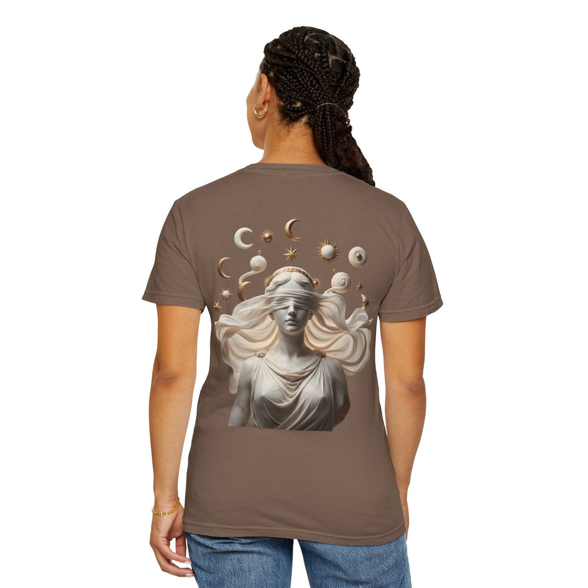Moon Phases Tee — Blindfolded Goddess Celestial Back Print