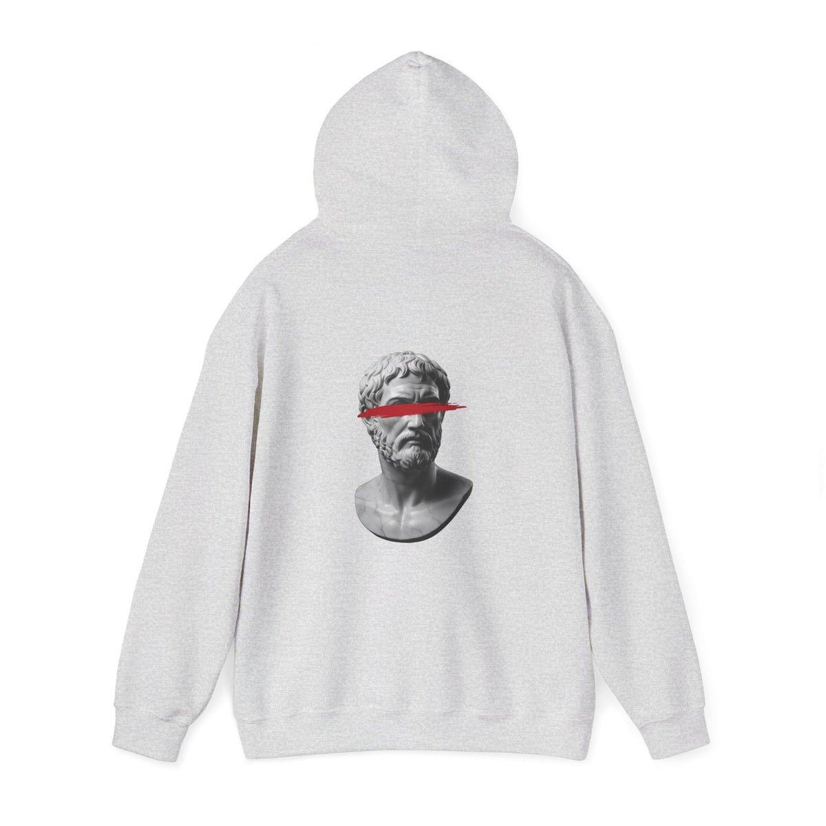 Classical marble bust struck by a red slash printed on the back of a heavyweight cotton-blend hoodie