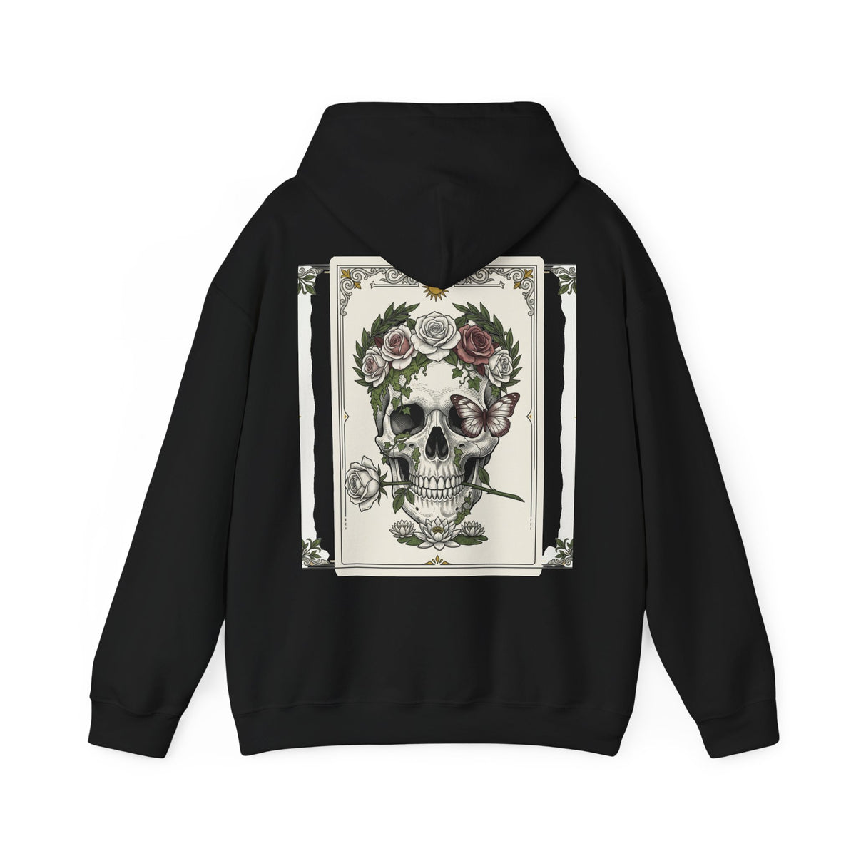 Floral skull framed by roses printed on the back of a heavyweight cotton-blend hoodie