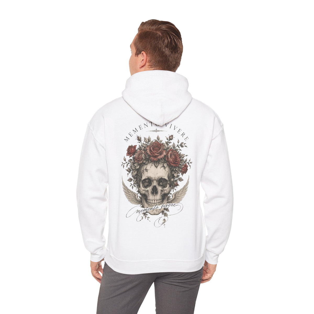 Skull crowned in roses with faded wings printed on the back of a heavyweight cotton-blend hoodie