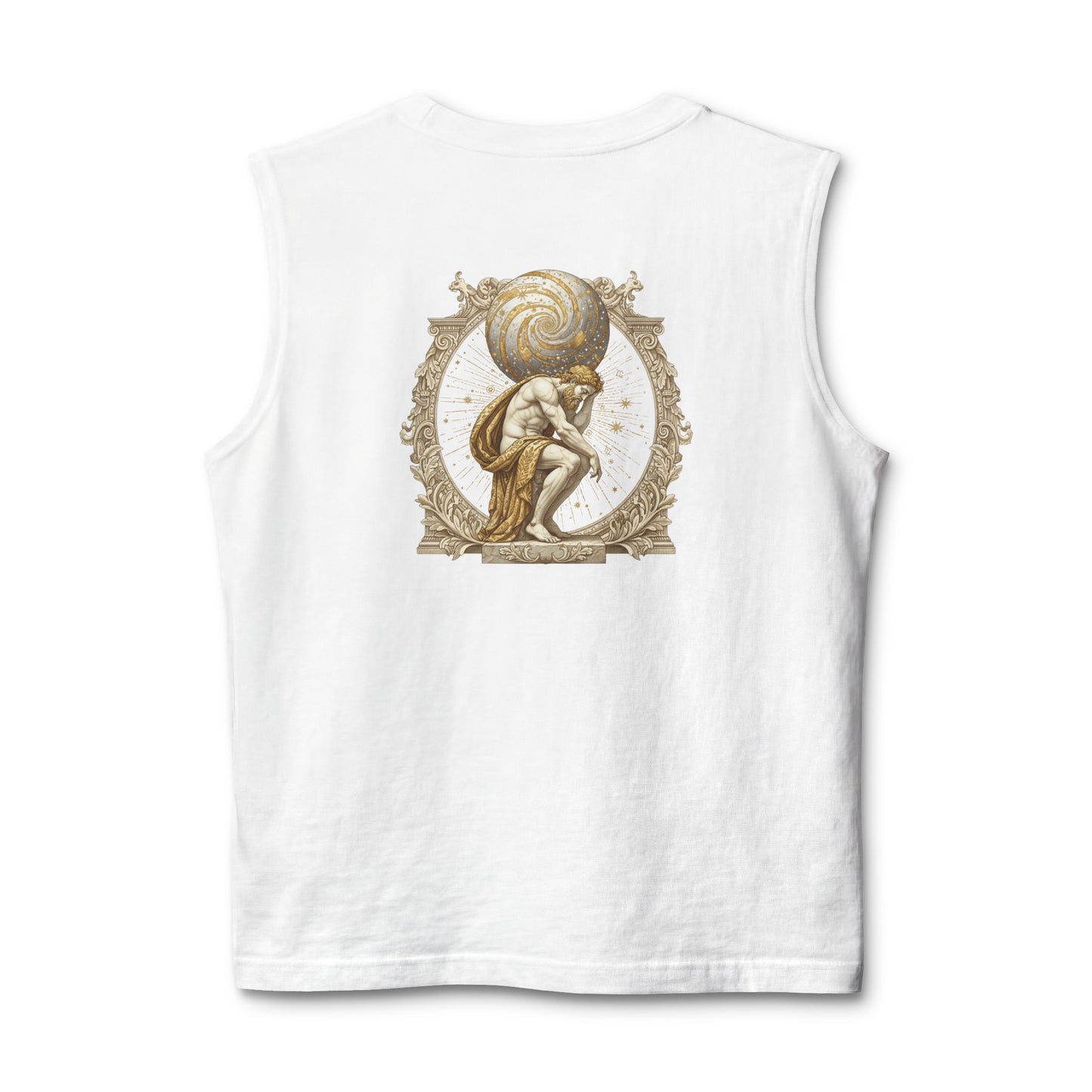 Classical figure with a spiralled shell printed on the back of a ring-spun cotton tank top