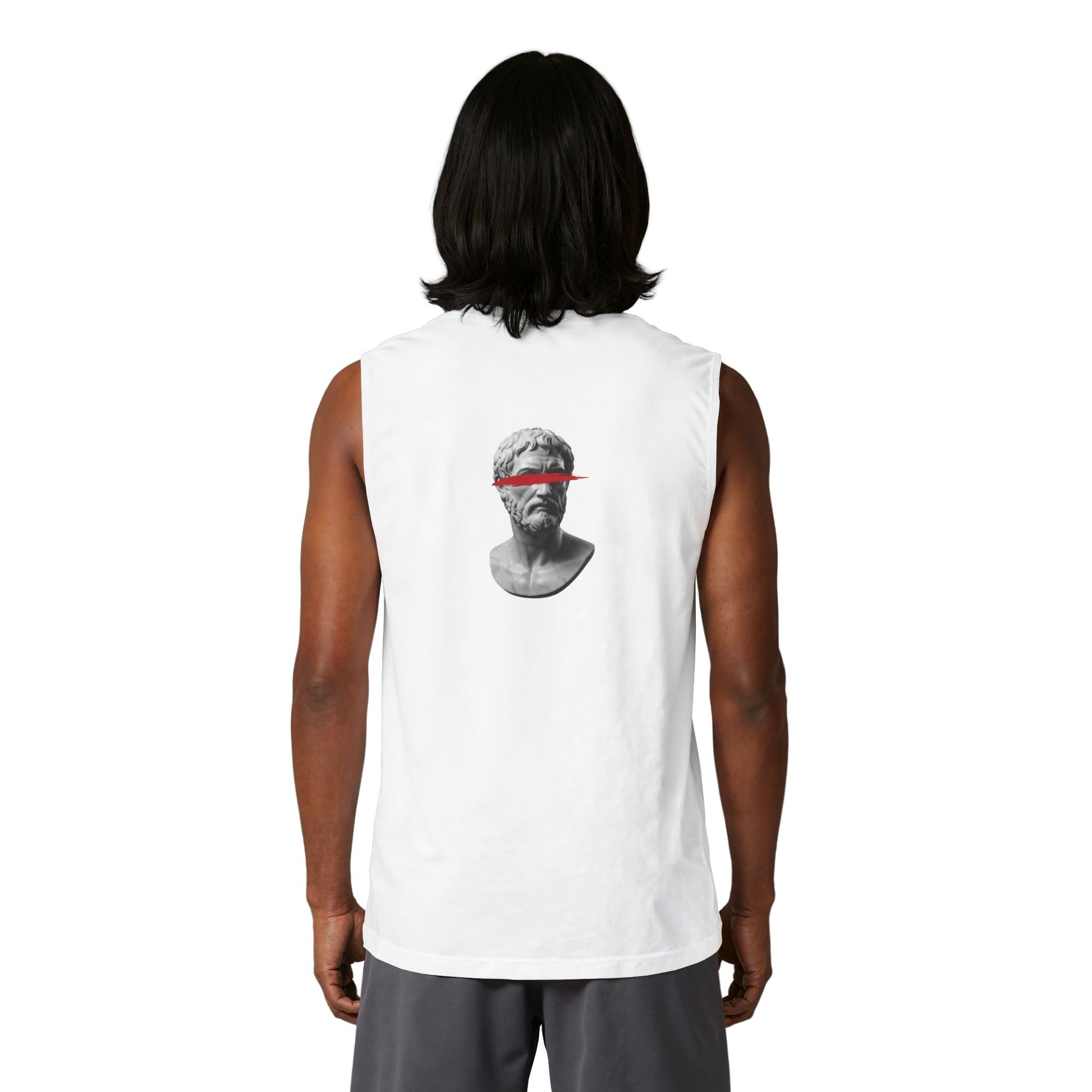 Classical bust with a red brushstroke printed on the back of a ring-spun cotton tank top