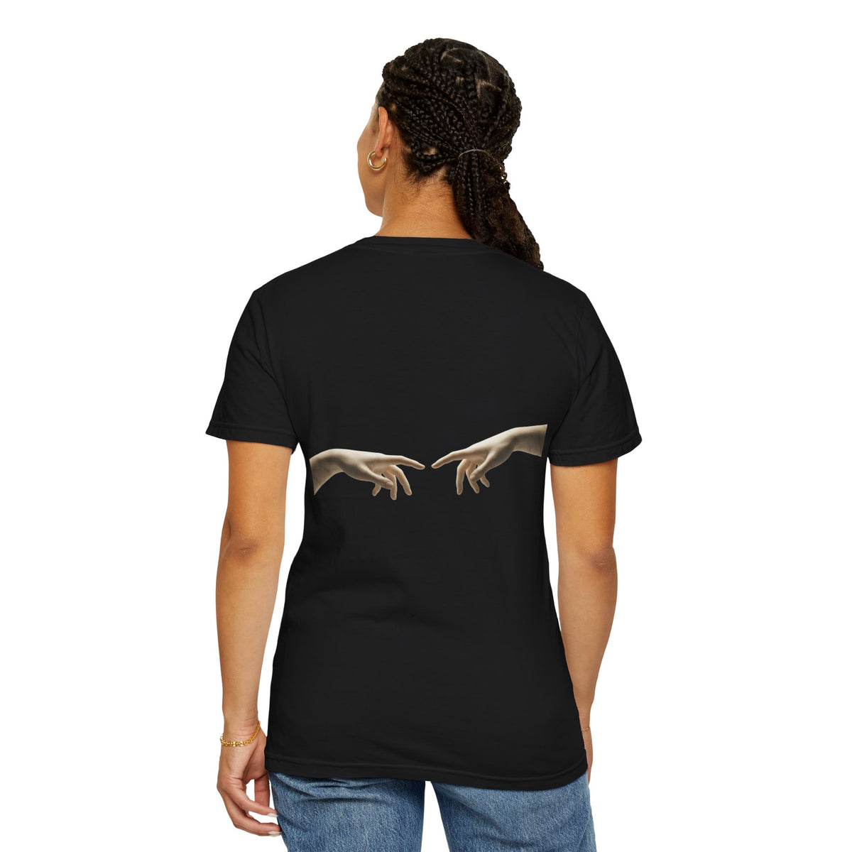Reaching Hands Tee — Minimalist Classical Art Back Print