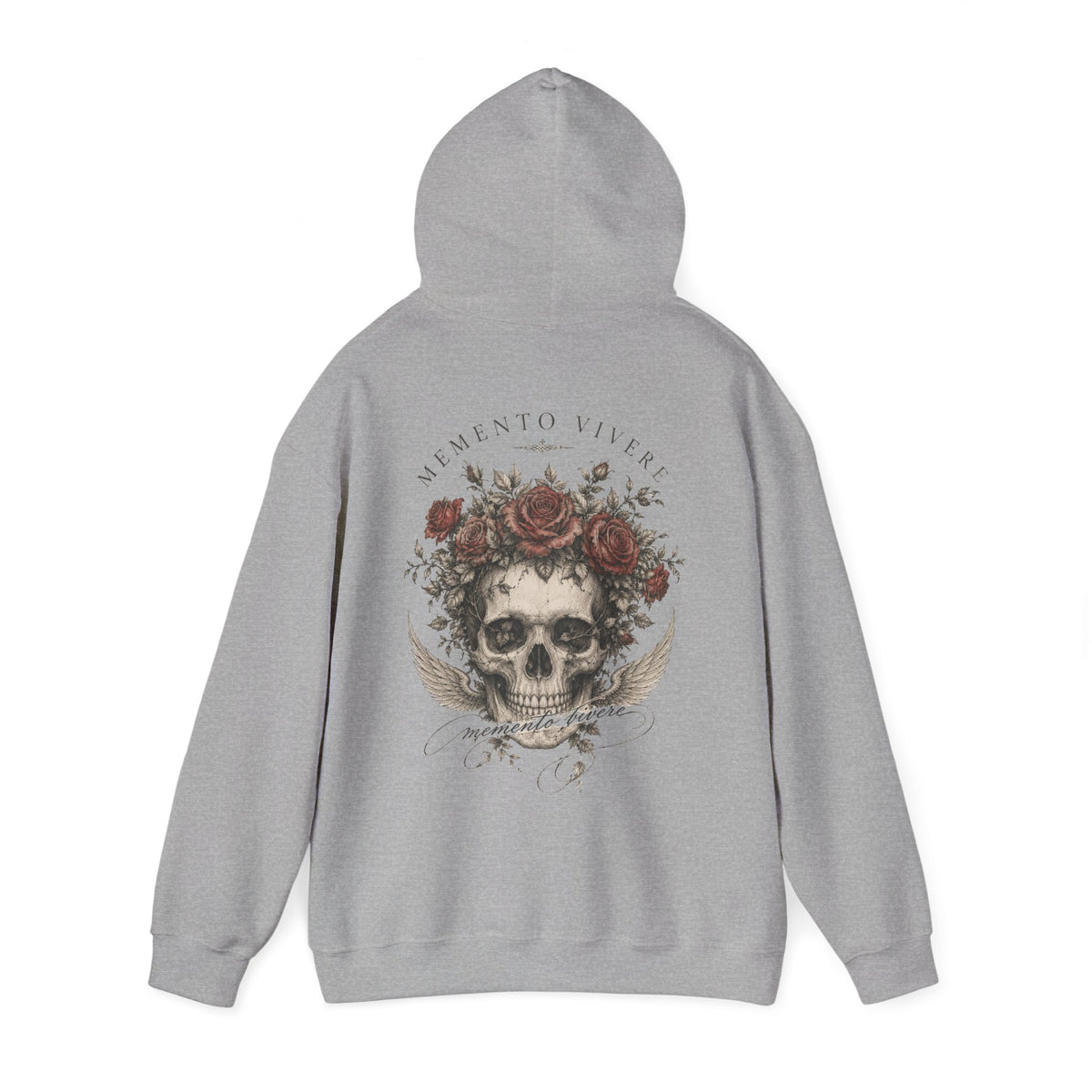 Skull crowned in roses with faded wings printed on the back of a heavyweight cotton-blend hoodie