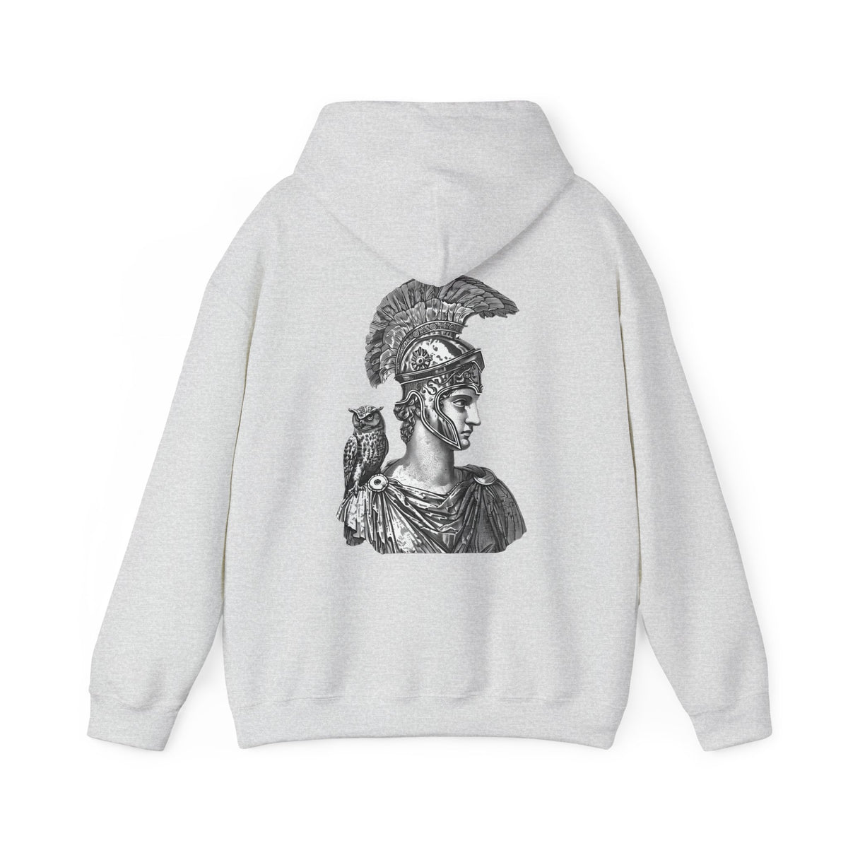 Athena Helmet Hoodie with Owl Illustration — Mythology Graphic Sweatshirt
