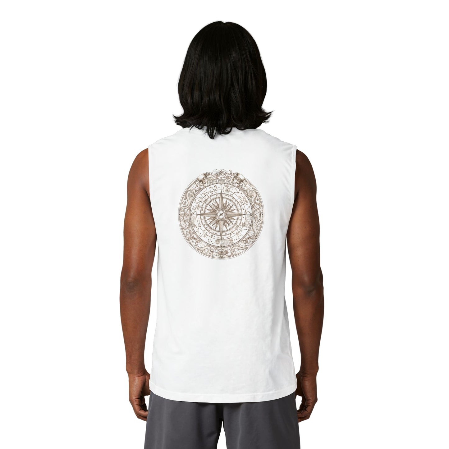Nautical compass rose printed on the back of a ring-spun cotton muscle tank